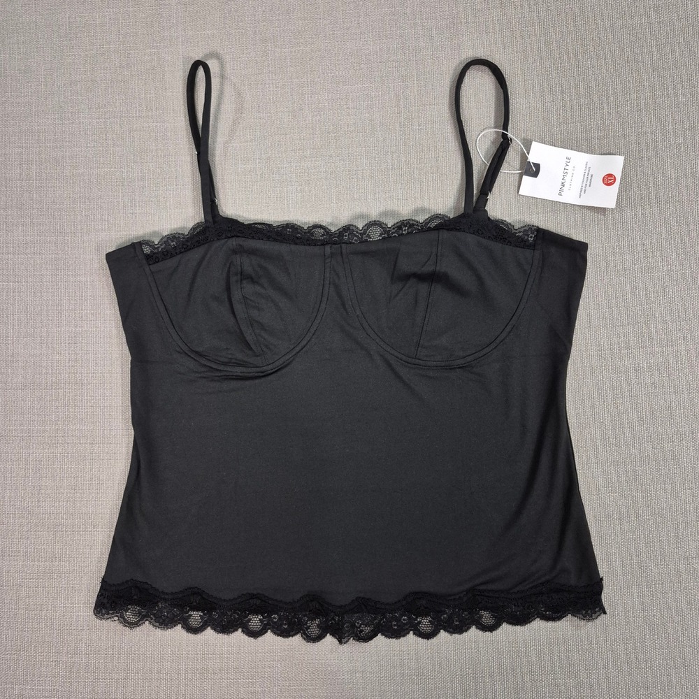 Pinkmstyle Black Lace Trim Bustier Camisole Tank Top XL NWT